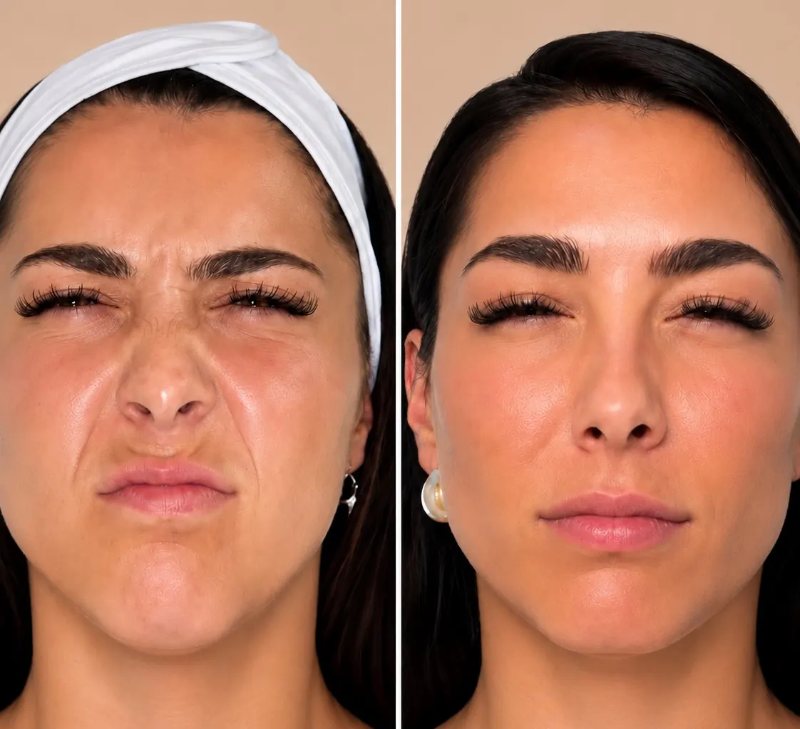 Botox frown lines before and after combined comparison at Silk Clinics Dubai.