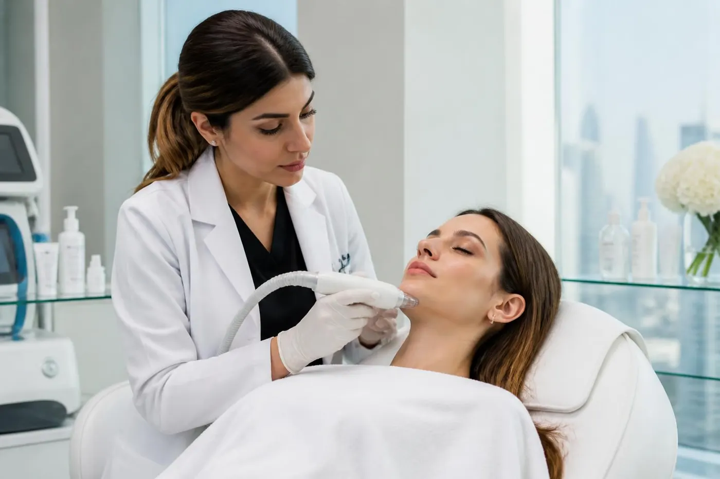 Skin tightening treatments in Dubai — board-certified female doctor in white lab coat and sterile gloves performing non-surgical RF skin tightening on a patient's jawline at Silk Clinics, Dubai Healthcare City