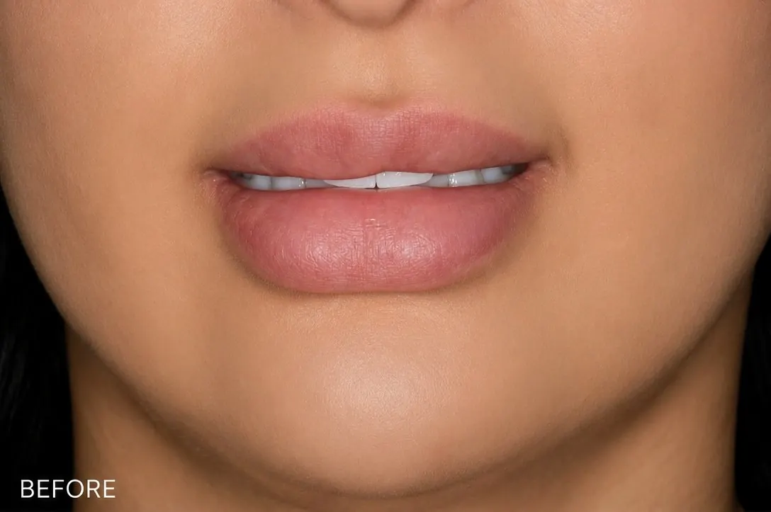 Lip and chin filler before and after results at Silk Clinics Dubai — patient before combination filler treatment showing thin lips and minimal chin projection.