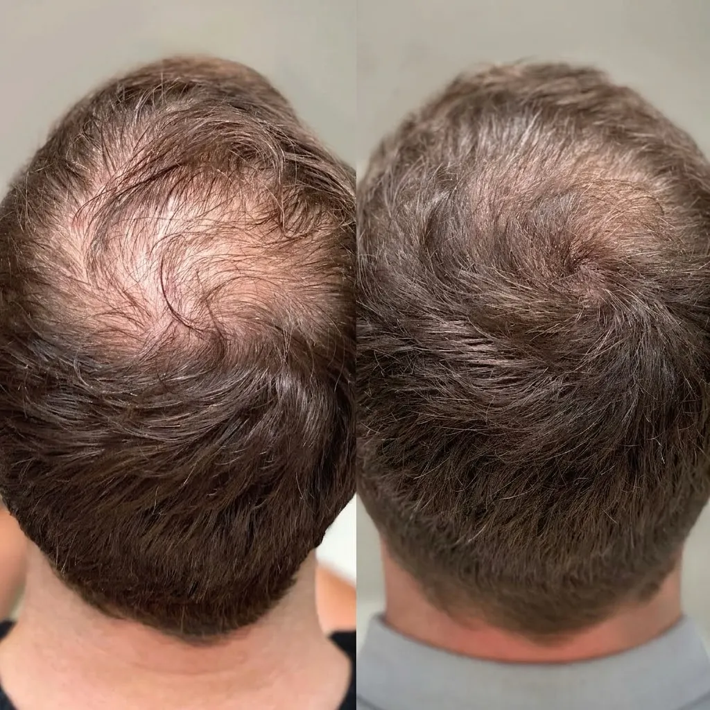 PRP hair treatment before and after — male crown density restoration in Dubai at Silk Clinics