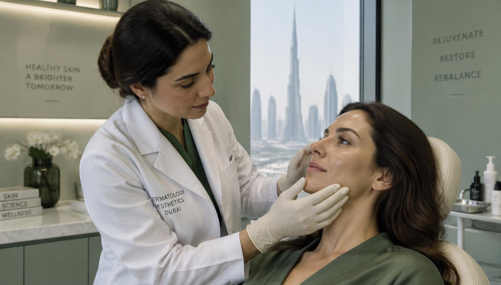 Aesthetic doctor in a lab coat assessing a patient's facial skin during a consultation at Silk Clinics Dubai