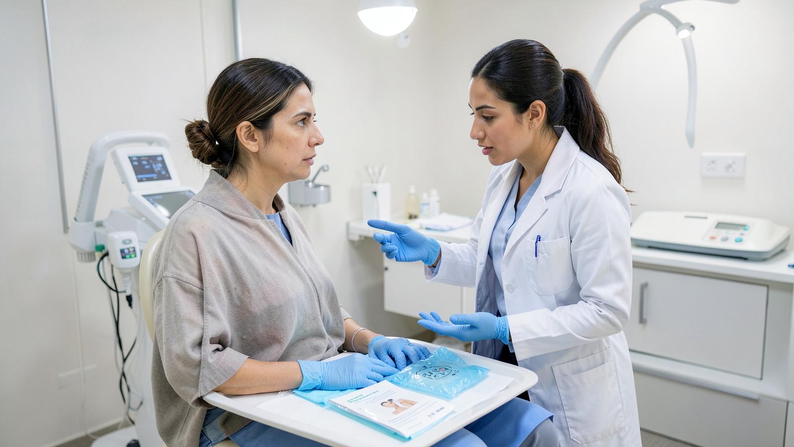 Nurse in a white coat and medical gloves giving Botox aftercare instructions to a patient in a clinical treatment room at Silk Clinics Dubai Healthcare City