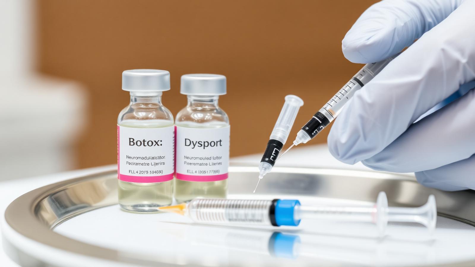 Botox vs Dysport in Dubai — neuromodulator vials and fine-gauge syringes on sterile tray at Silk Clinics, Dubai Healthcare City