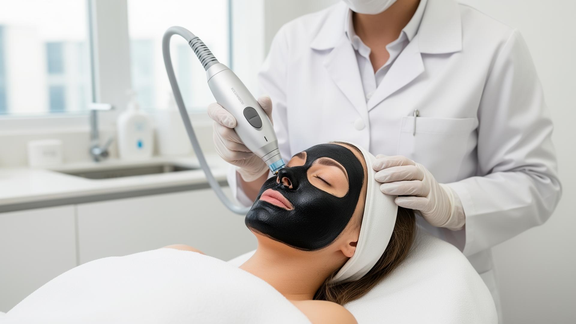 Carbon Laser Peel in Dubai — gloved clinician performing a Hollywood Peel with a medical laser handpiece on a patient's face coated in medical-grade carbon lotion at Silk Clinics, Dubai Healthcare City, for oily skin, enlarged pores, acne congestion and skin texture rejuvenation