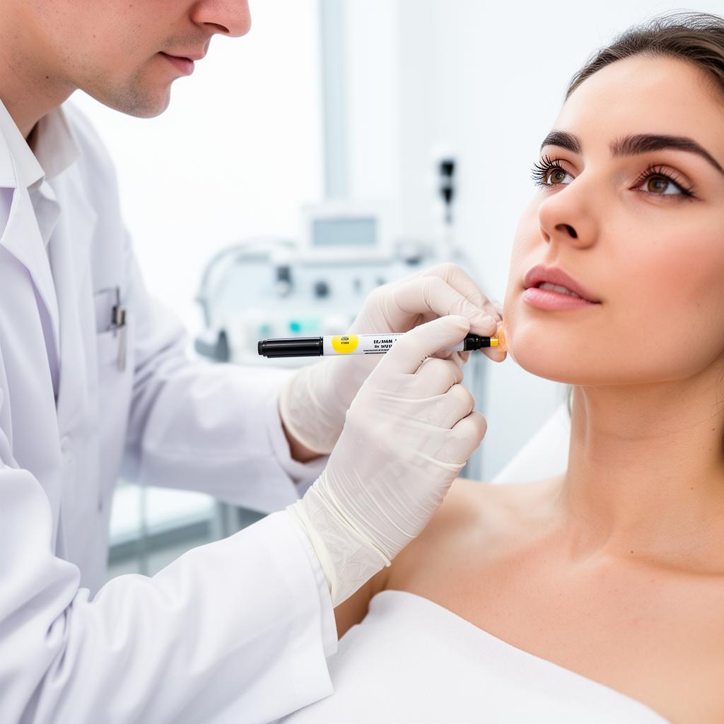 Doctor marking submental area for fat-dissolving injection — body contouring in Dubai at Silk Clinics