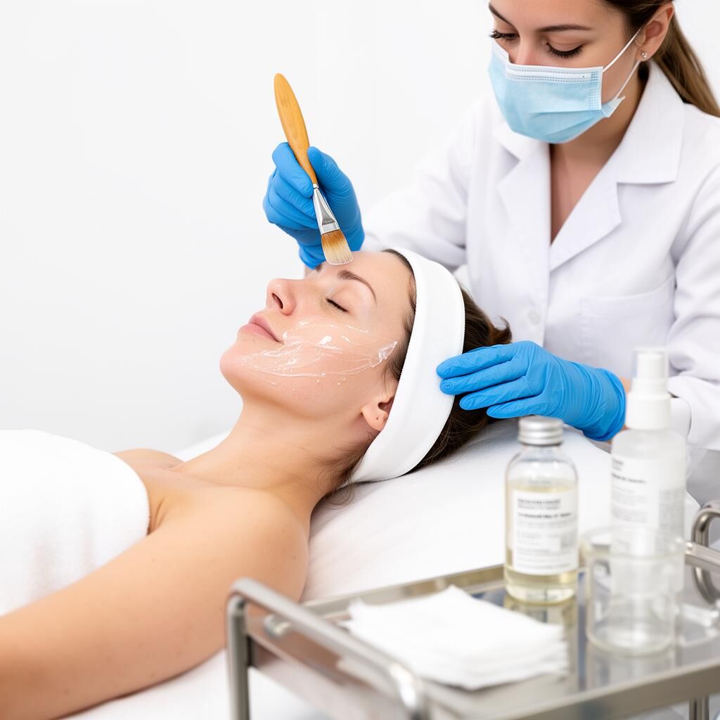 Chemical peel treatment in Dubai at Silk Clinics — female doctor in white lab coat applying a medical-grade chemical peel solution to a female patient's face with a fan brush in a sterile clinical setting