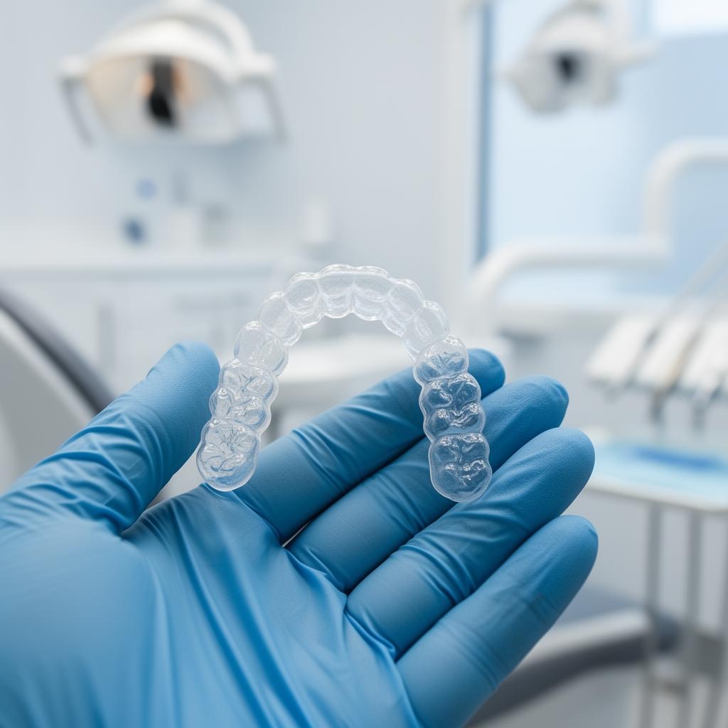 Dentist holding transparent clear aligners (invisible braces) in a modern dental clinic at Silk Clinics in Dubai Healthcare City for discreet teeth straightening