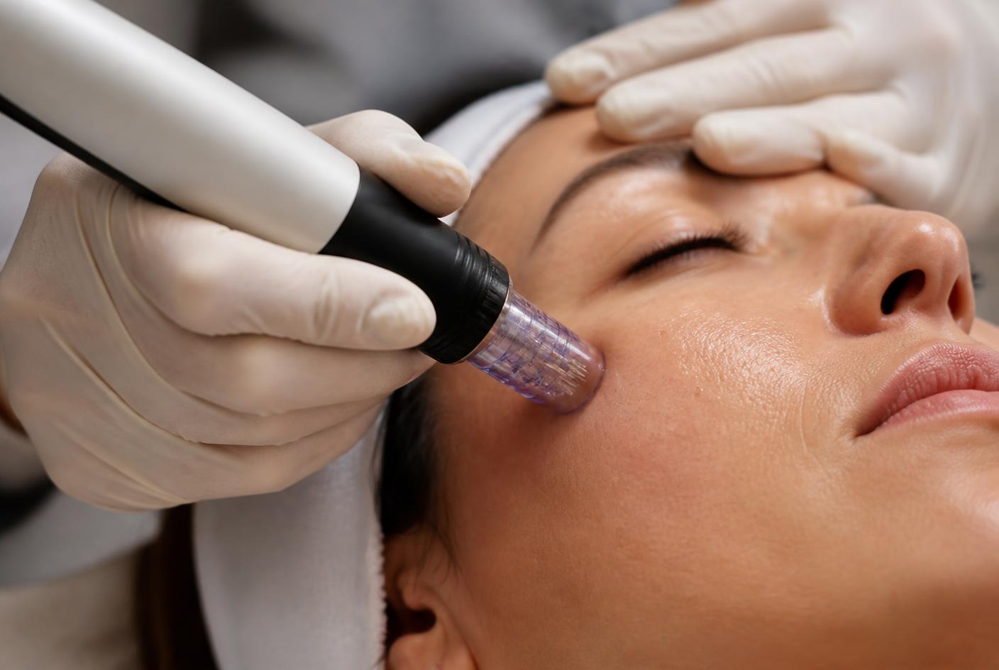 RF microneedling for collagen stimulation being performed on a patient's cheek at Silk Clinics Dubai
