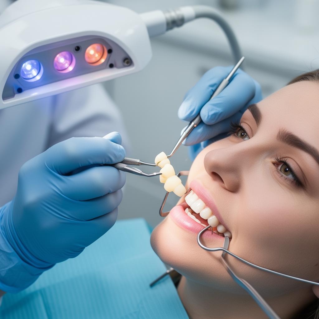 Cosmetic dentist sculpting composite bonding resin on a front tooth at Silk Clinics in Dubai Healthcare City to repair a small chip and improve smile symmetry