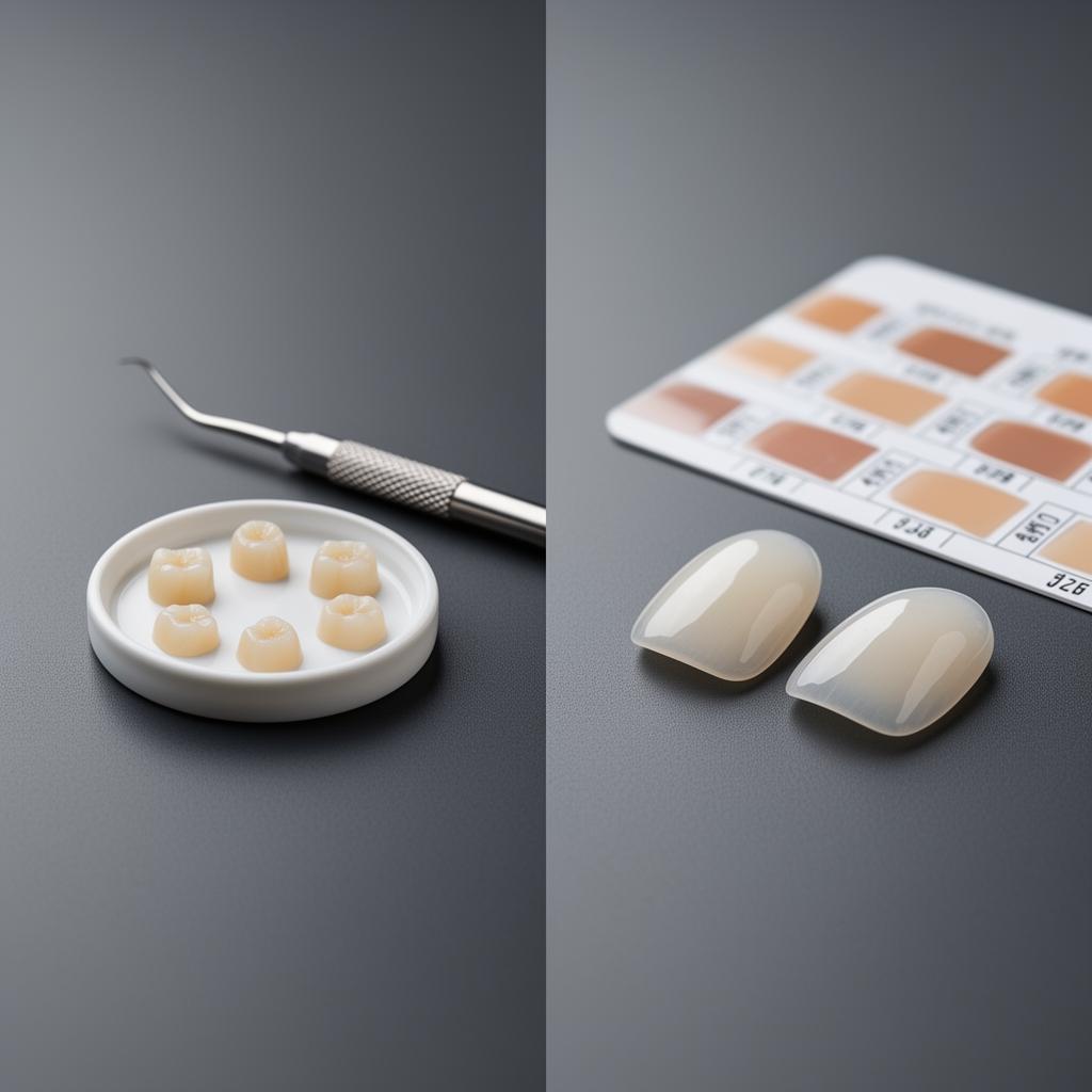 Porcelain veneers next to composite bonding resin shade samples on a dental tray at Silk Clinics in Dubai Healthcare City — comparison of composite bonding vs veneers for cosmetic dentistry