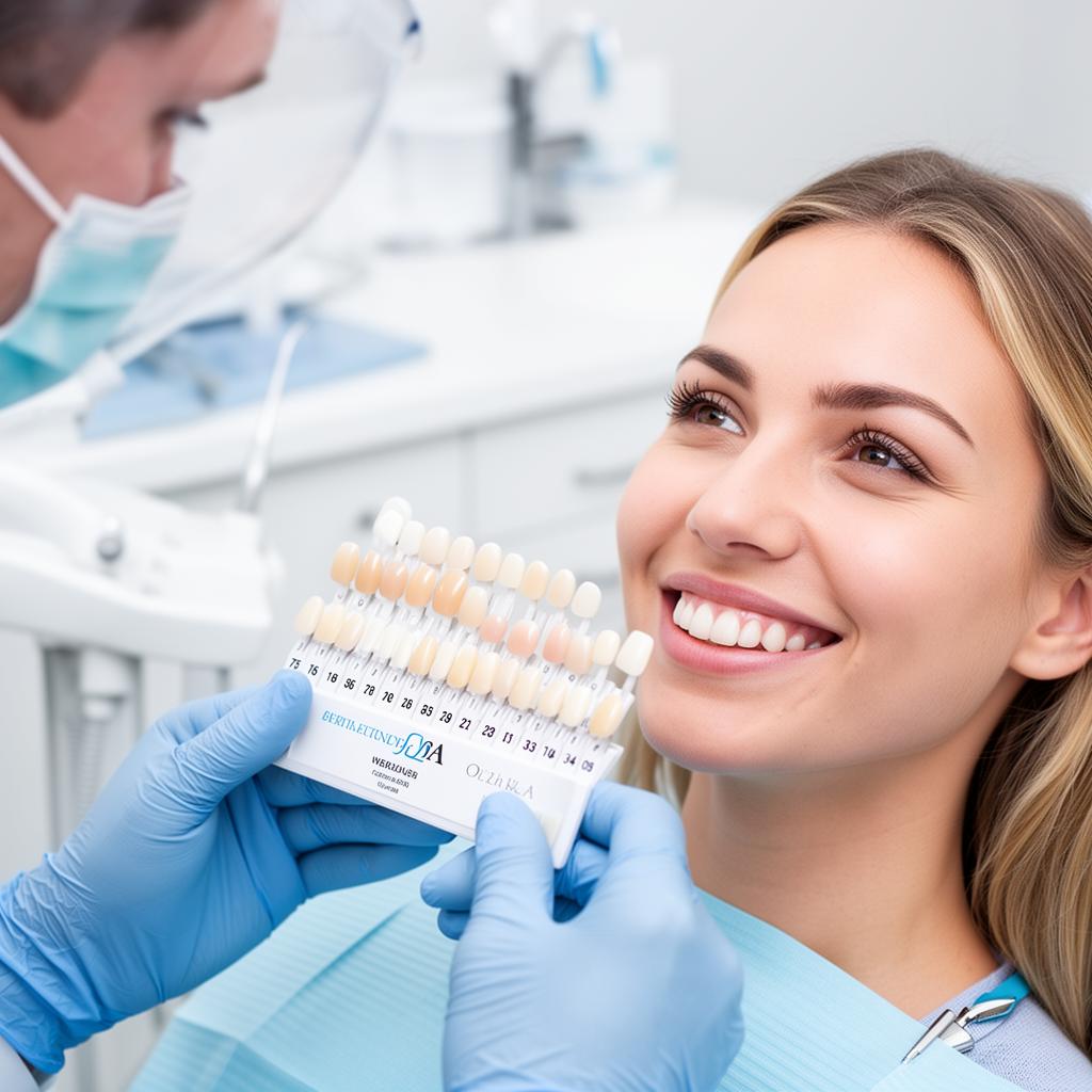 Cosmetic dentist matching dental veneer shade guide to a smiling patient's teeth at Silk Clinics in Dubai Healthcare City for a custom porcelain veneers smile makeover