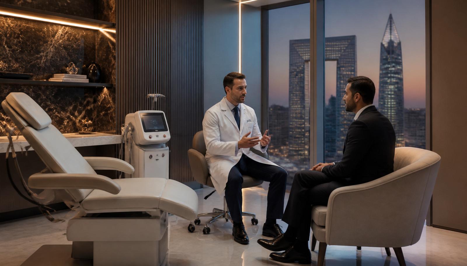Silk Clinics doctor in white lab coat in a discreet executive consultation with a DIFC professional, DIFC Gate Village towers visible through the window at dusk
