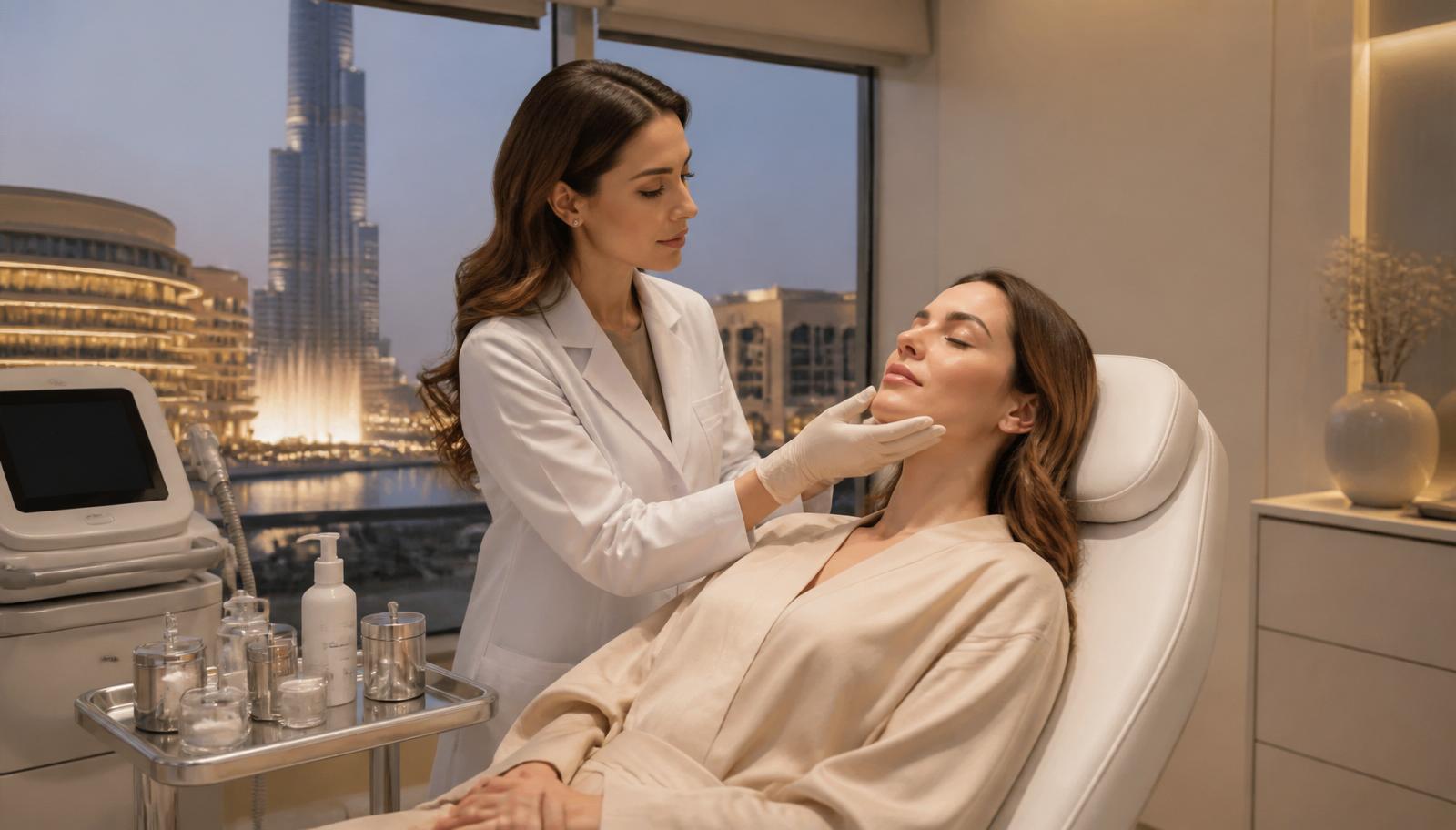 Silk Clinics doctor performing a gentle facial skin assessment on a Dubai Mall area patient, Burj Khalifa fountain visible through the treatment room window at twilight