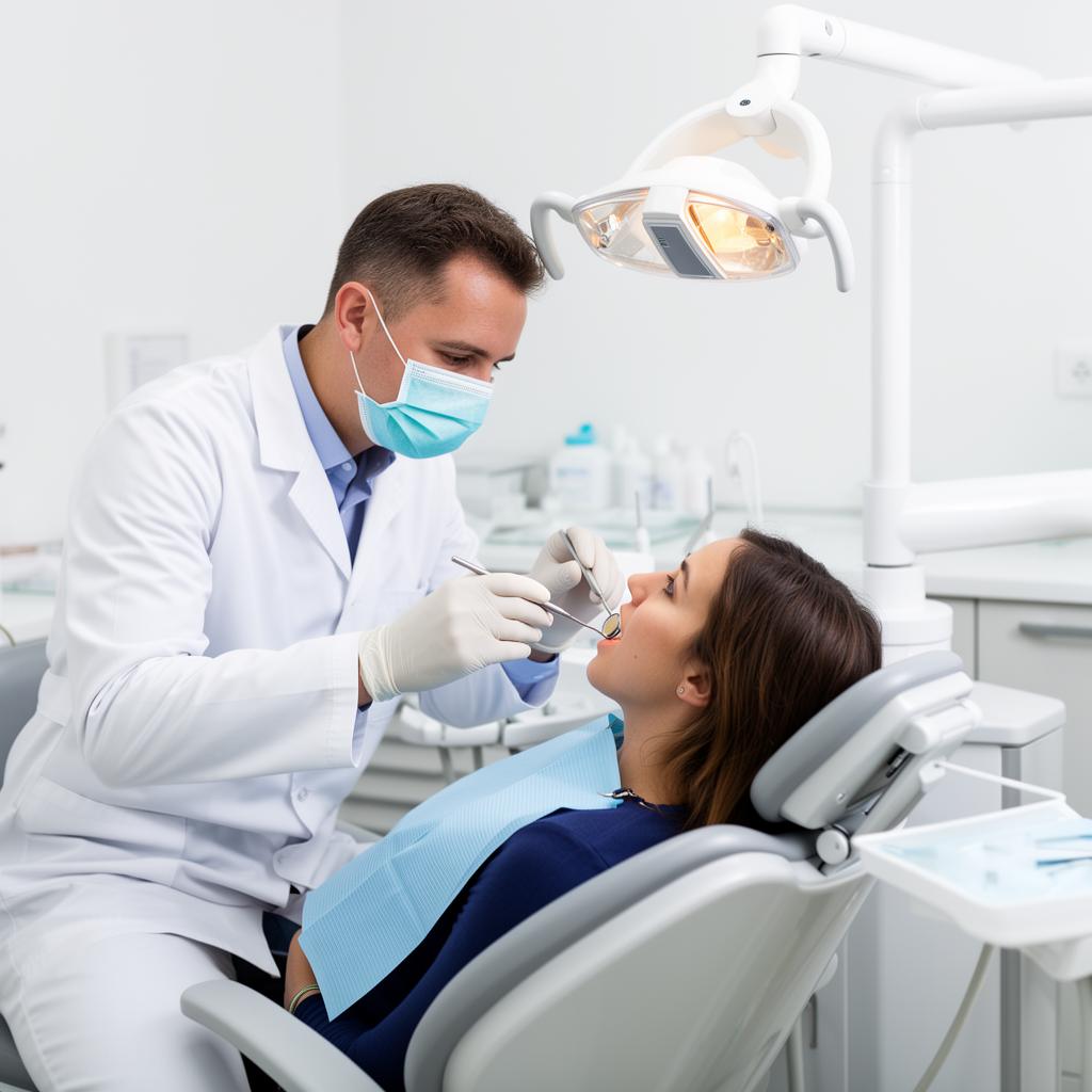 DHA-licensed general dentist examining a patient's teeth with a dental mirror and probe during a routine preventive dental check-up at Silk Clinics in Dubai Healthcare City — family dentistry, cleaning, fillings, gum care and restorative dental treatment in Dubai