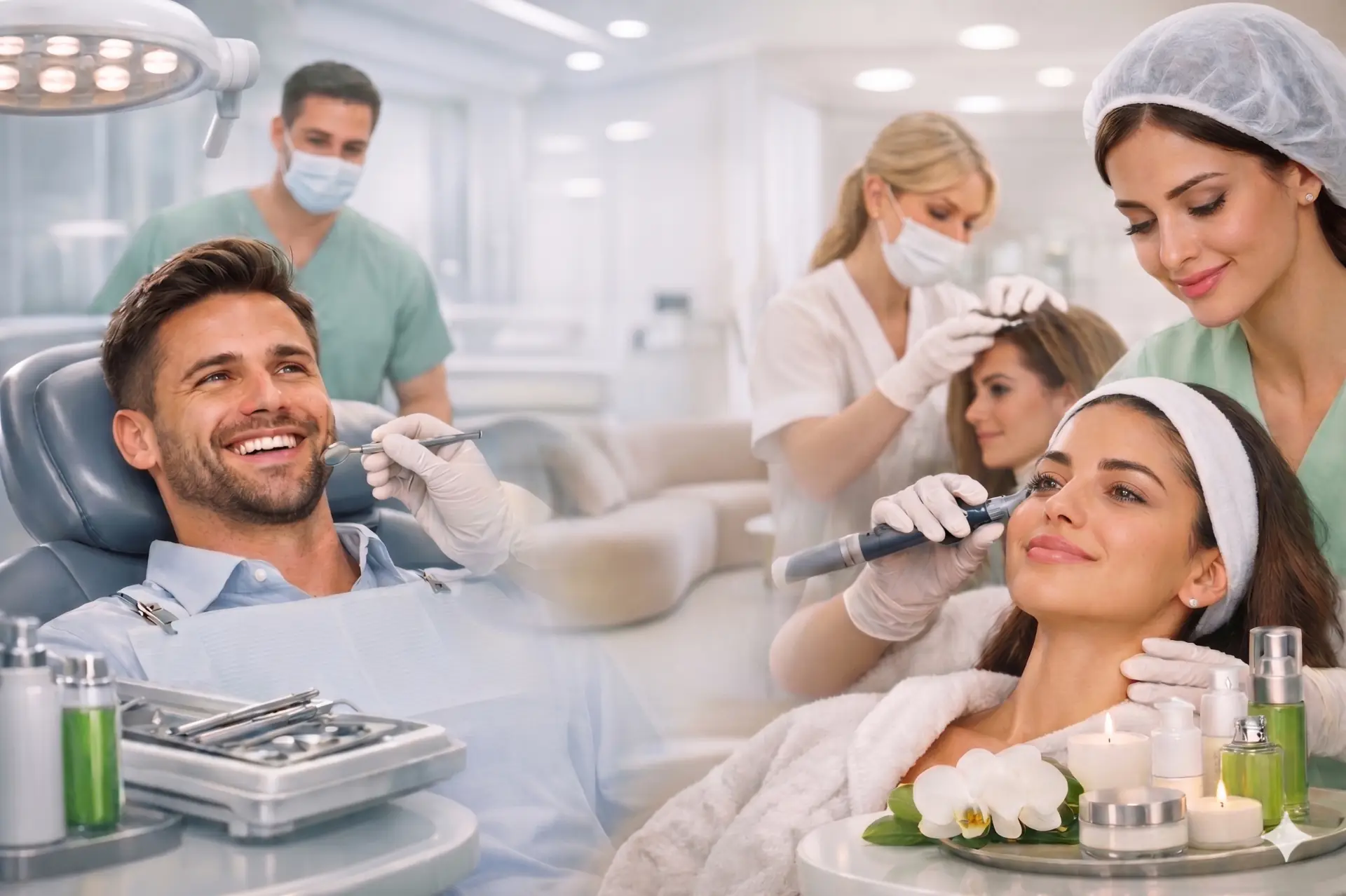 Patients receiving dental, hair restoration and skin treatments by doctors at Silk Clinics Dubai Healthcare City