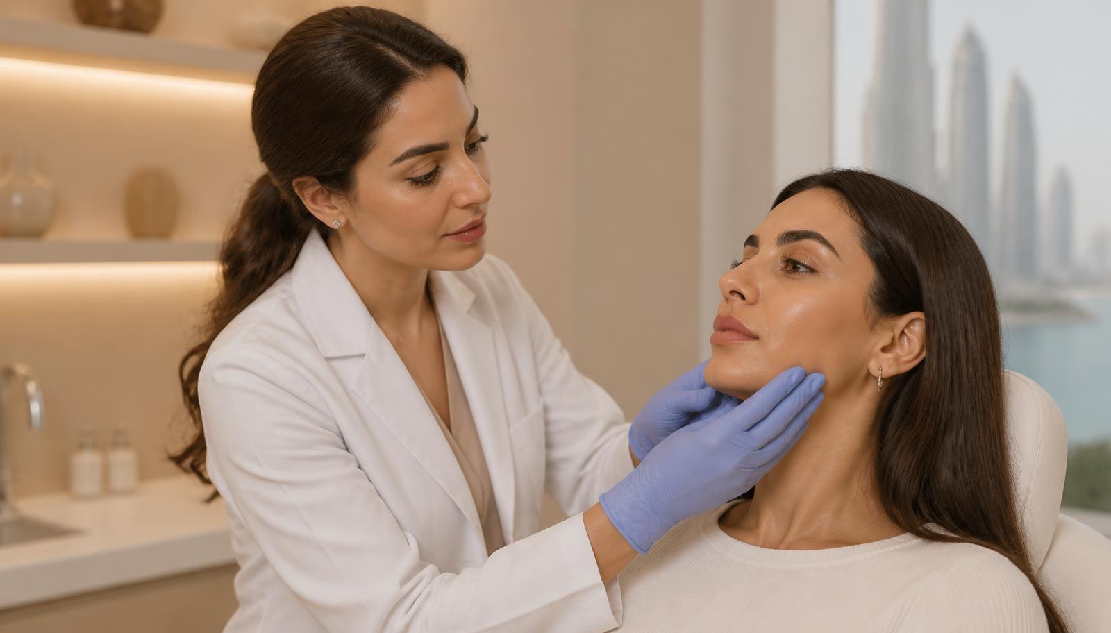 Aesthetic doctor assessing a patient's facial skin during a natural rejuvenation consultation at Silk Clinics Dubai