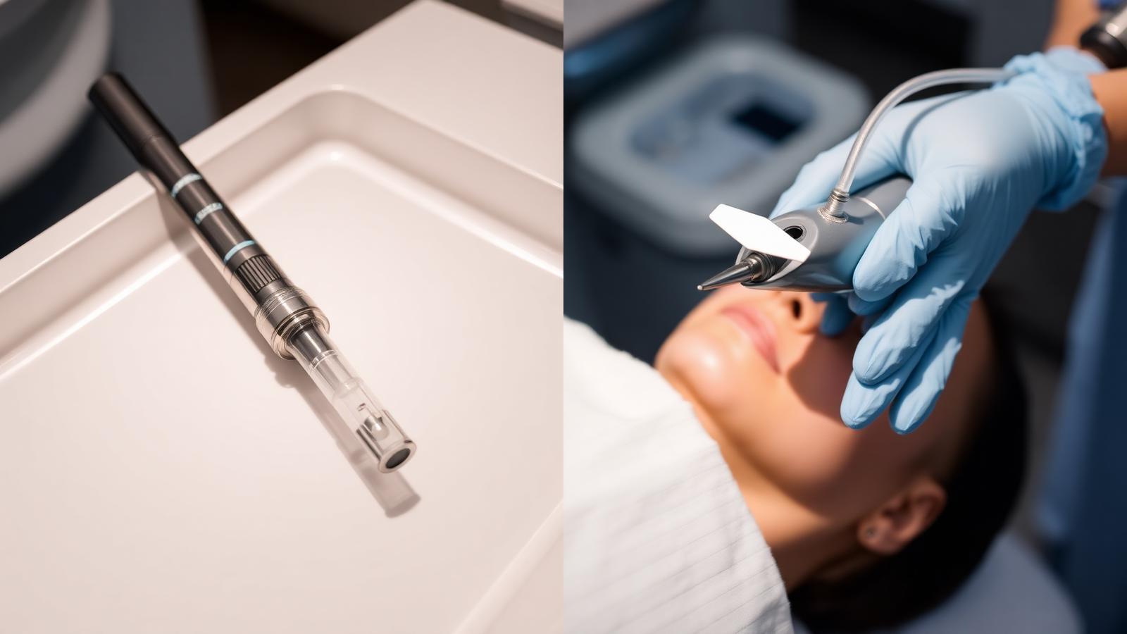 HydraFacial vs microdermabrasion in Dubai — vacuum-suction HydraFacial handpiece and diamond-tip microdermabrasion device at Silk Clinics, Dubai Healthcare City