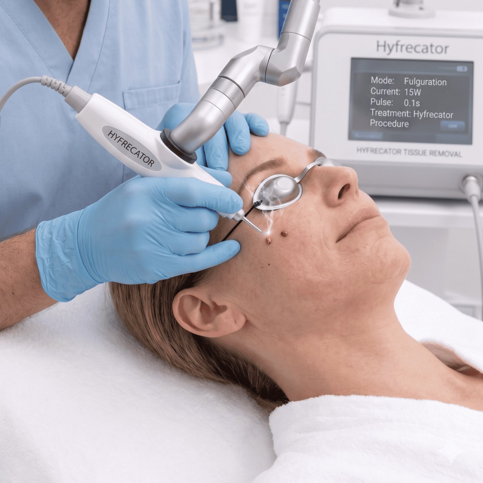 Skin tag, wart and mole removal in Dubai at Silk Clinics Dubai Healthcare City — clinician in blue gloves performing Hyfrecator electrosurgical fulguration to safely remove benign facial moles and skin tags from a female patient wearing protective eyeshields, with the Hyfrecator tissue removal console showing 15W current and 0.1s pulse settings