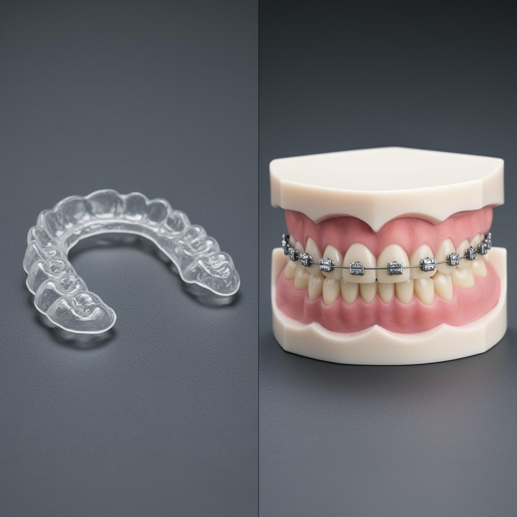 Invisalign clear aligner tray and modern ceramic braces side by side on a dentist's tray at Silk Clinics in Dubai Healthcare City — orthodontic comparison for teeth straightening