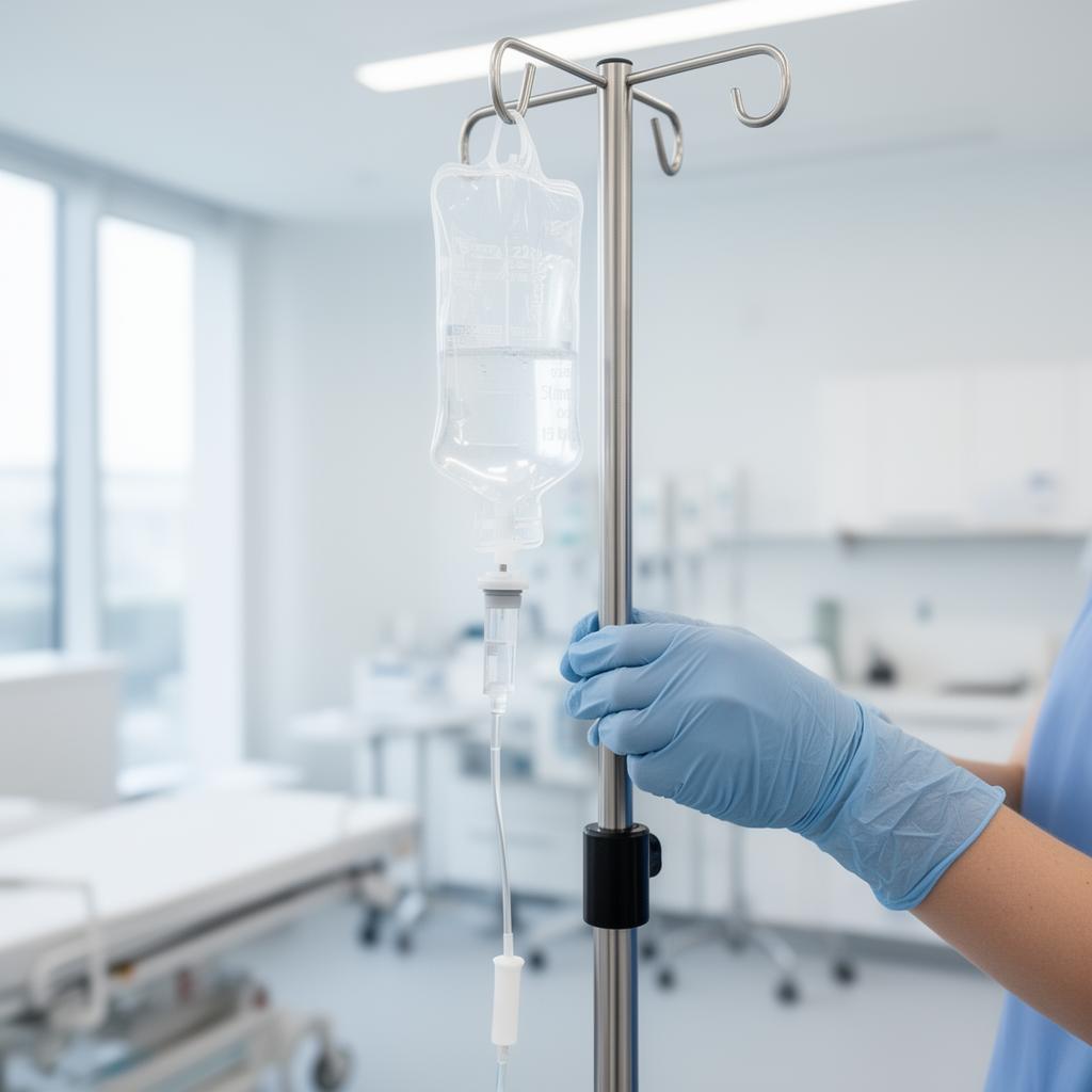 IV drip therapy bag on a stainless steel stand being prepared by a clinician at Silk Clinics in Dubai Healthcare City for energy, immunity and hydration infusions