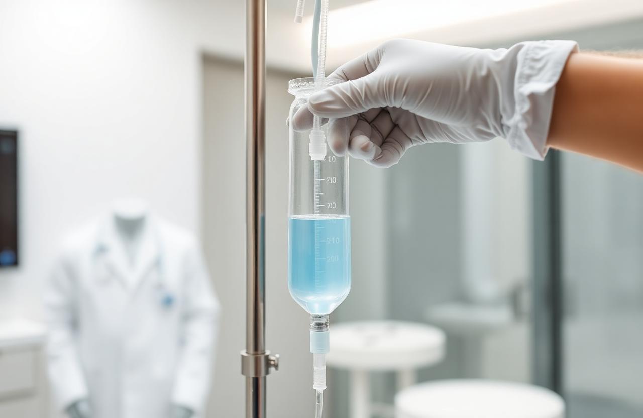 Methylene blue IV therapy in Dubai — gloved clinician preparing a medically supervised methylene blue infusion on a sterile stand at Silk Clinics, Dubai Healthcare City, for mitochondrial support, cellular energy and cognitive wellness