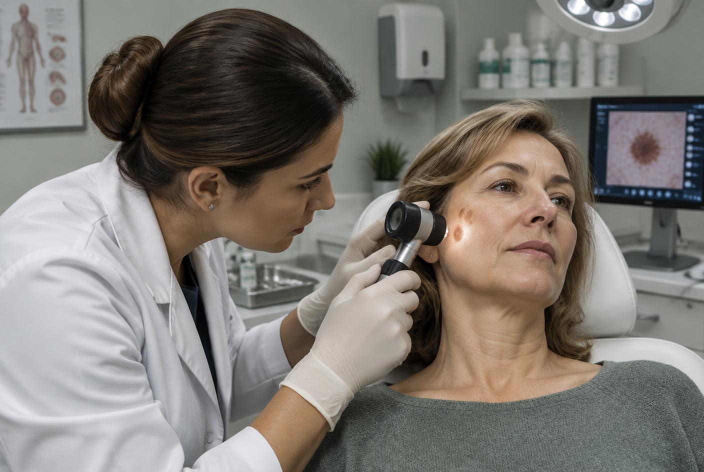 Doctor examining facial pigmentation with a dermatoscope before pigmentation treatment in Dubai at Silk Clinics