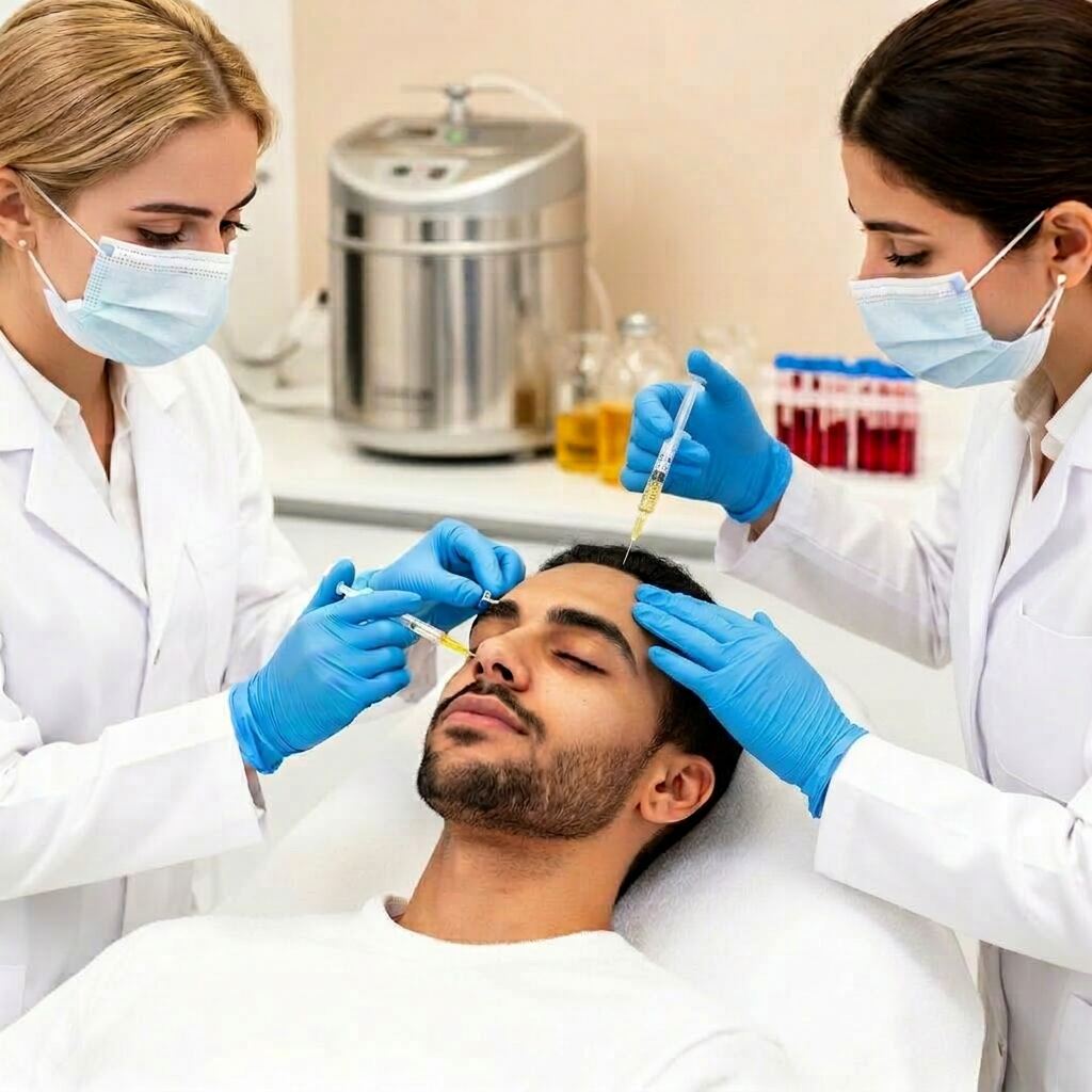 PRP facial and hair treatment in Dubai at Silk Clinics — two female doctors injecting platelet-rich plasma into a Middle Eastern male patient with PRP centrifuge in the background