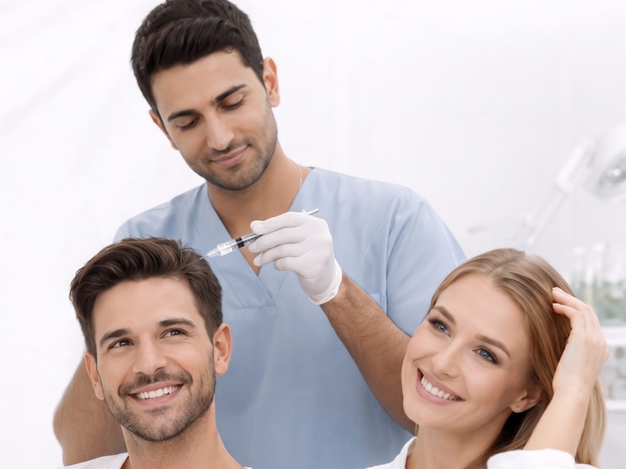 PRP and PRF hair restoration treatment for hair thinning at Silk Clinics in Dubai Healthcare City — male and female patients receiving platelet-rich plasma scalp injections from a clinician