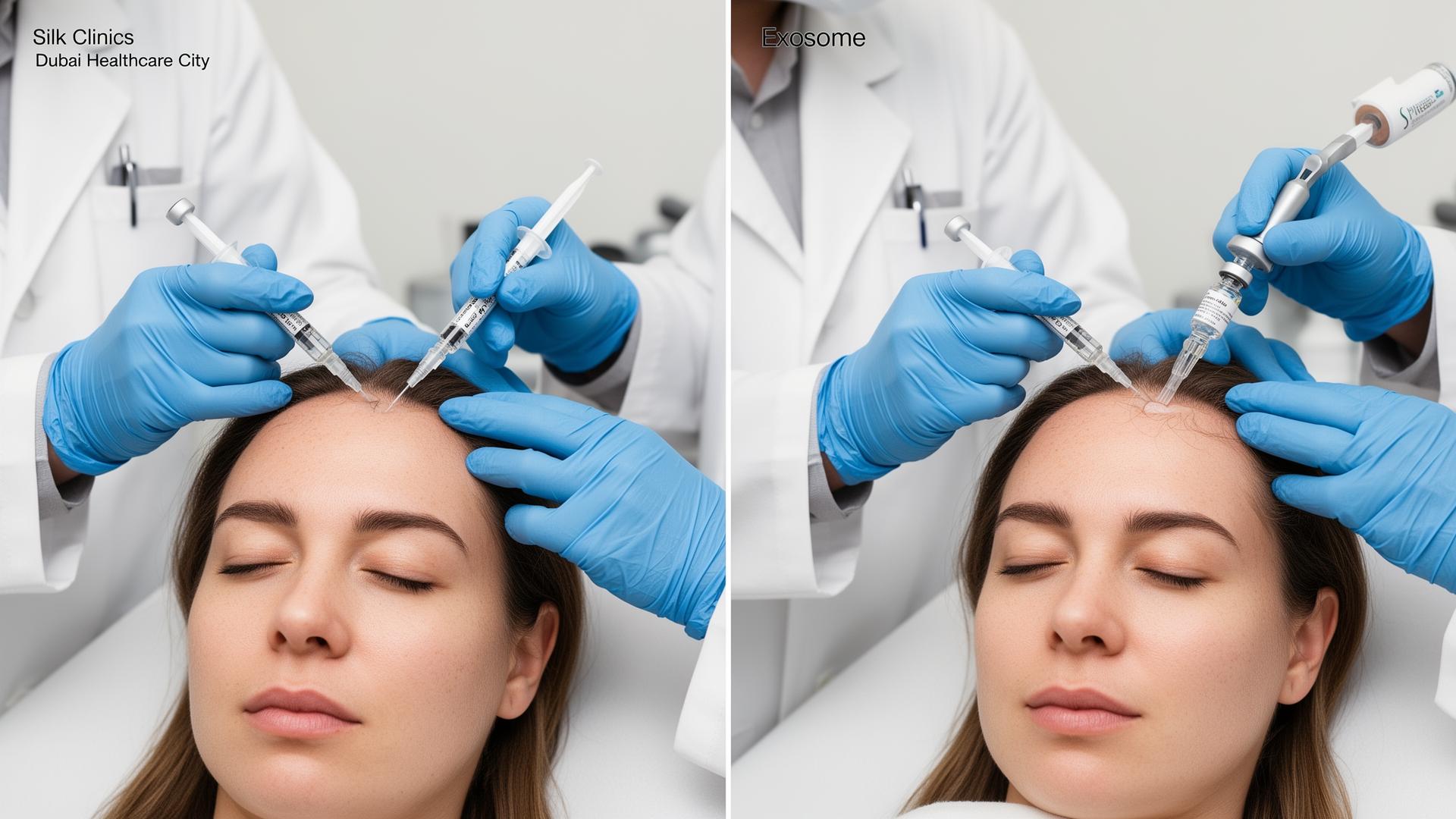 PRP vs Exosomes for hair loss in Dubai — split image of gloved clinicians performing PRP scalp injection and exosome scalp treatment at Silk Clinics, Dubai Healthcare City