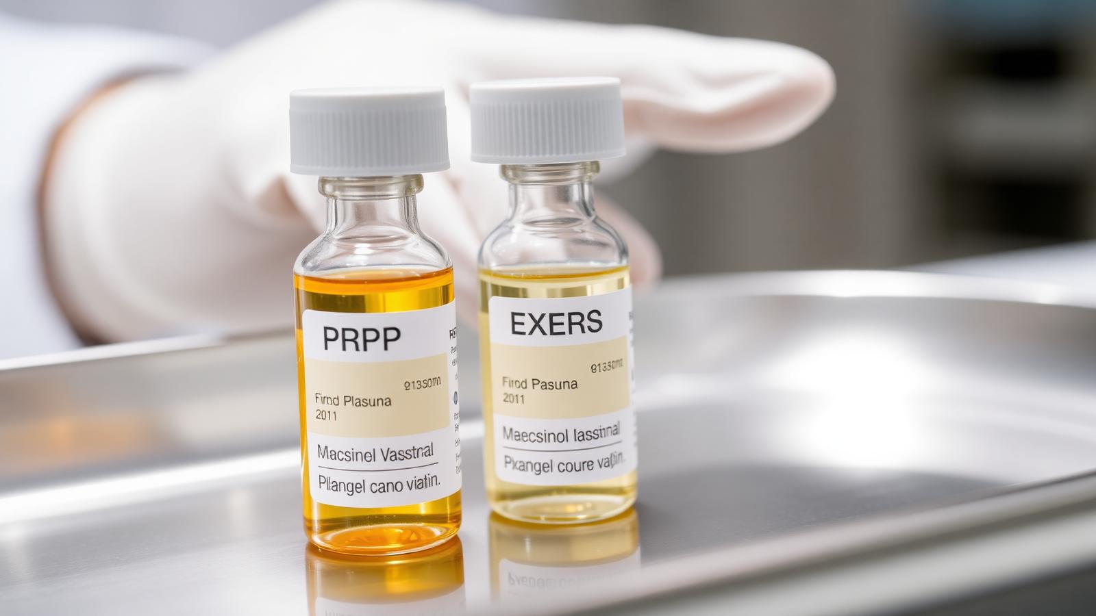 PRP vs exosome therapy in Dubai — platelet-rich plasma and exosome regenerative vials on sterile tray at Silk Clinics, Dubai Healthcare City