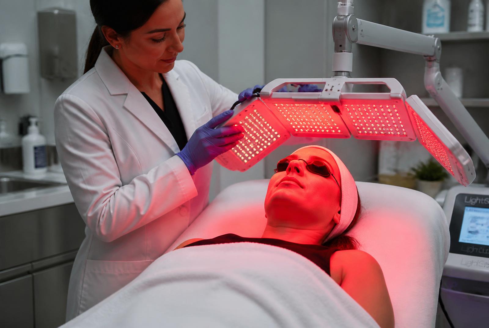 Red light therapy in Dubai — patient receiving near-infrared photobiomodulation panel treatment under clinical supervision at Silk Clinics, Dubai Healthcare City