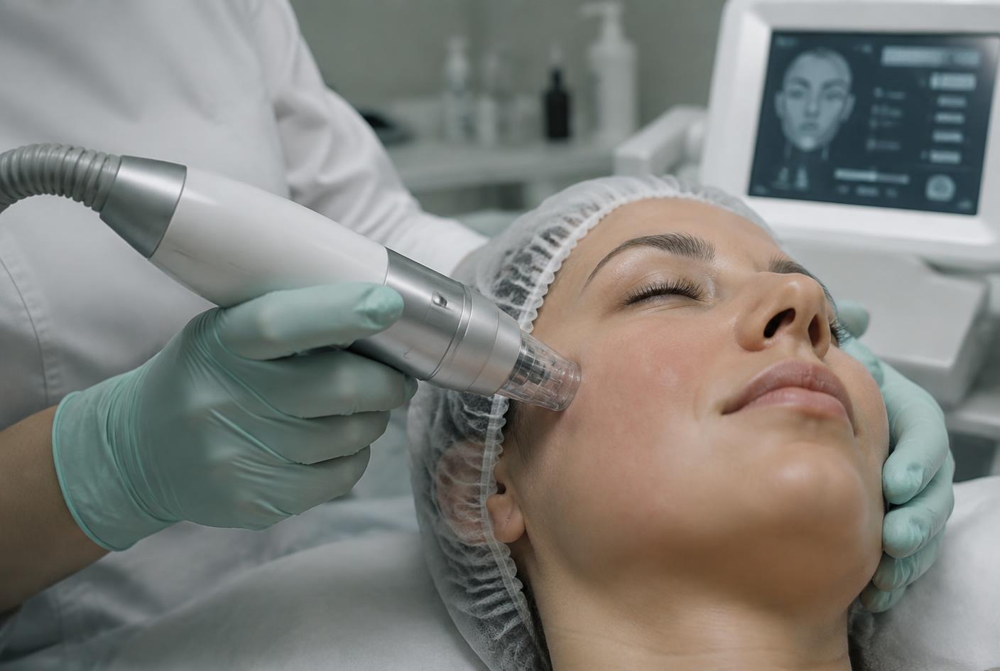 Gloved clinician performing RF microneedling for collagen stimulation on a patient's cheek at Silk Clinics Dubai