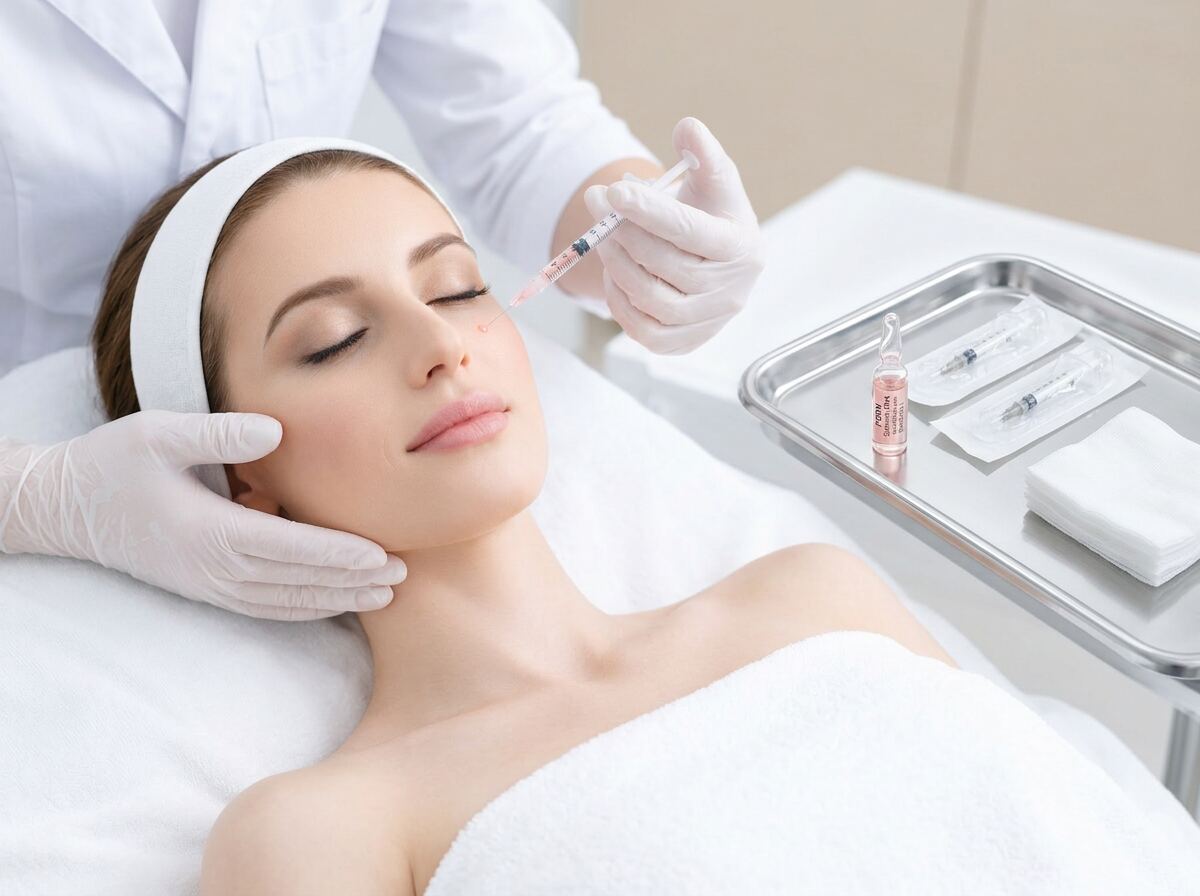 Salmon DNA PDRN treatment in Dubai at Silk Clinics — female doctor performing a delicate under-eye polynucleotide micro-injection on a female patient with PDRN ampoule on a sterile tray