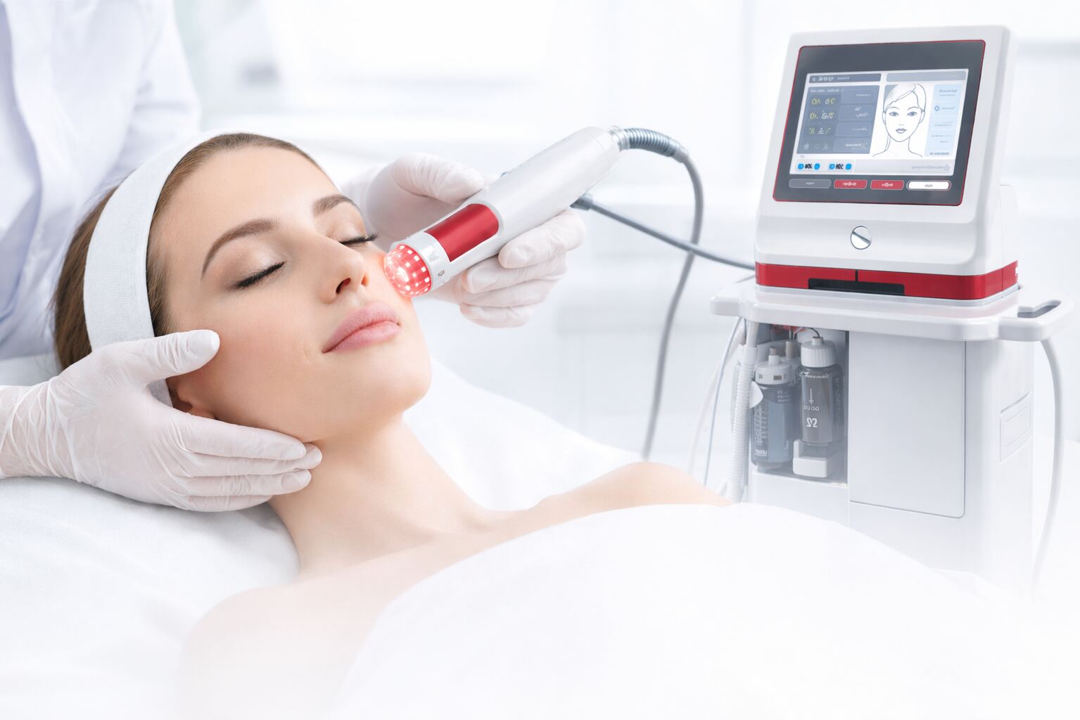 Scarlet S microneedling RF treatment in Dubai at Silk Clinics — female patient receiving radiofrequency microneedling on the cheek with the Scarlet S device and console in a clinical setting