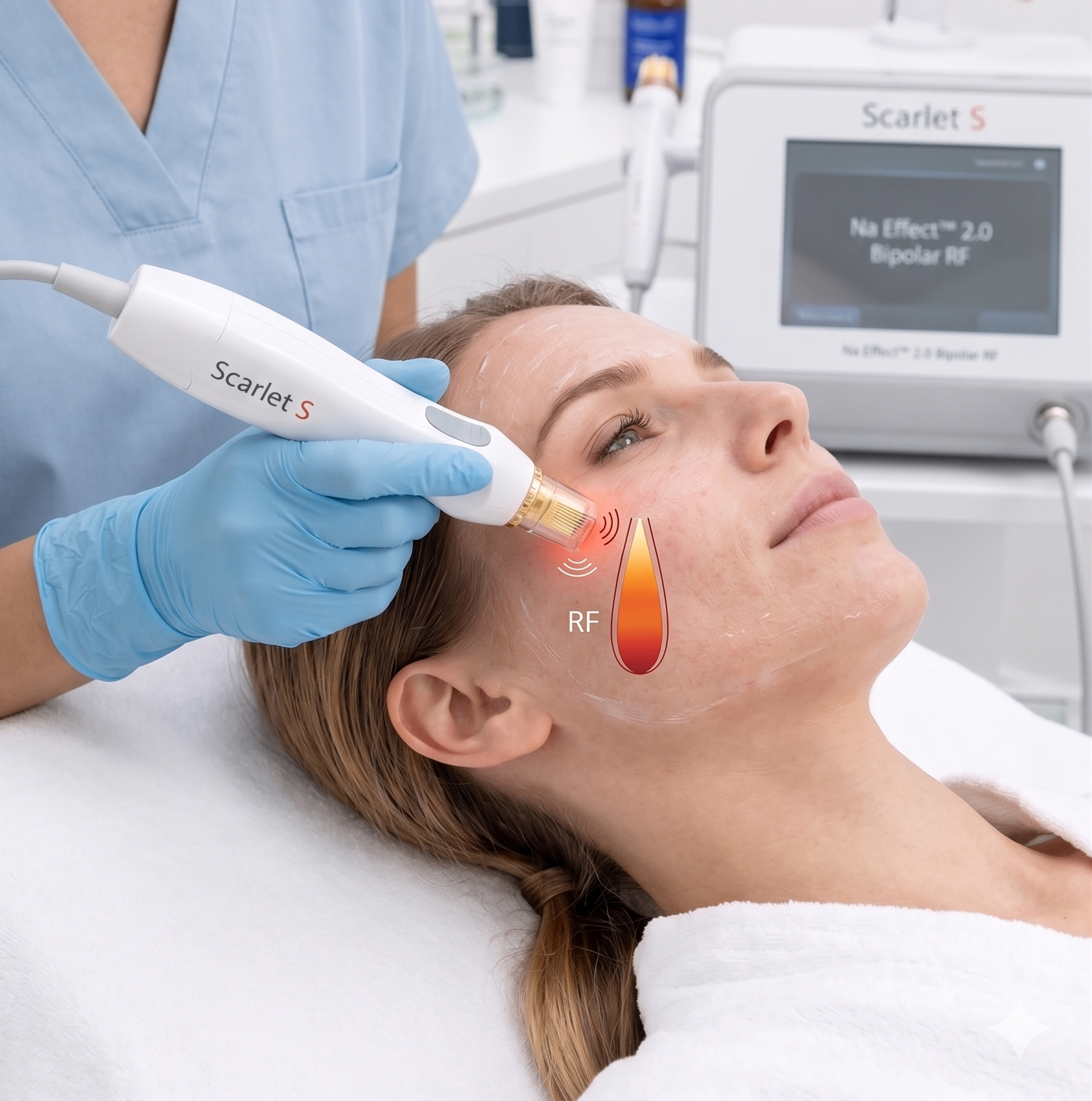 Scarlet S microneedling RF treatment in Dubai at Silk Clinics Dubai Healthcare City — clinician in blue gloves performing bipolar radiofrequency microneedling skin tightening on a female patient's cheek with the Scarlet S handpiece and Na Effect 2.0 RF console for collagen remodelling, acne scar reduction and skin rejuvenation