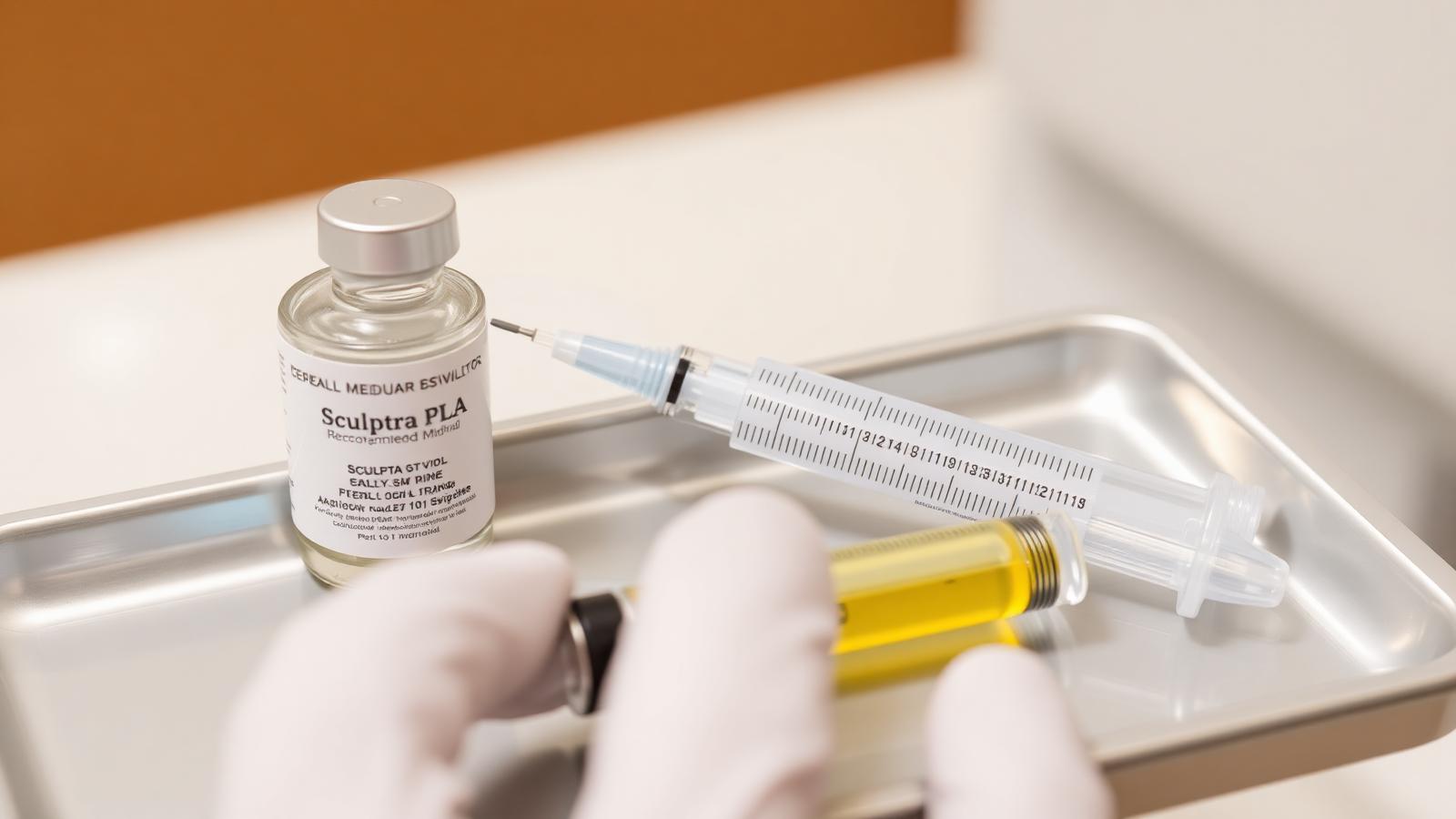 Sculptra vs Radiesse in Dubai — PLLA and calcium hydroxylapatite collagen stimulator vials and syringe on sterile tray at Silk Clinics, Dubai Healthcare City