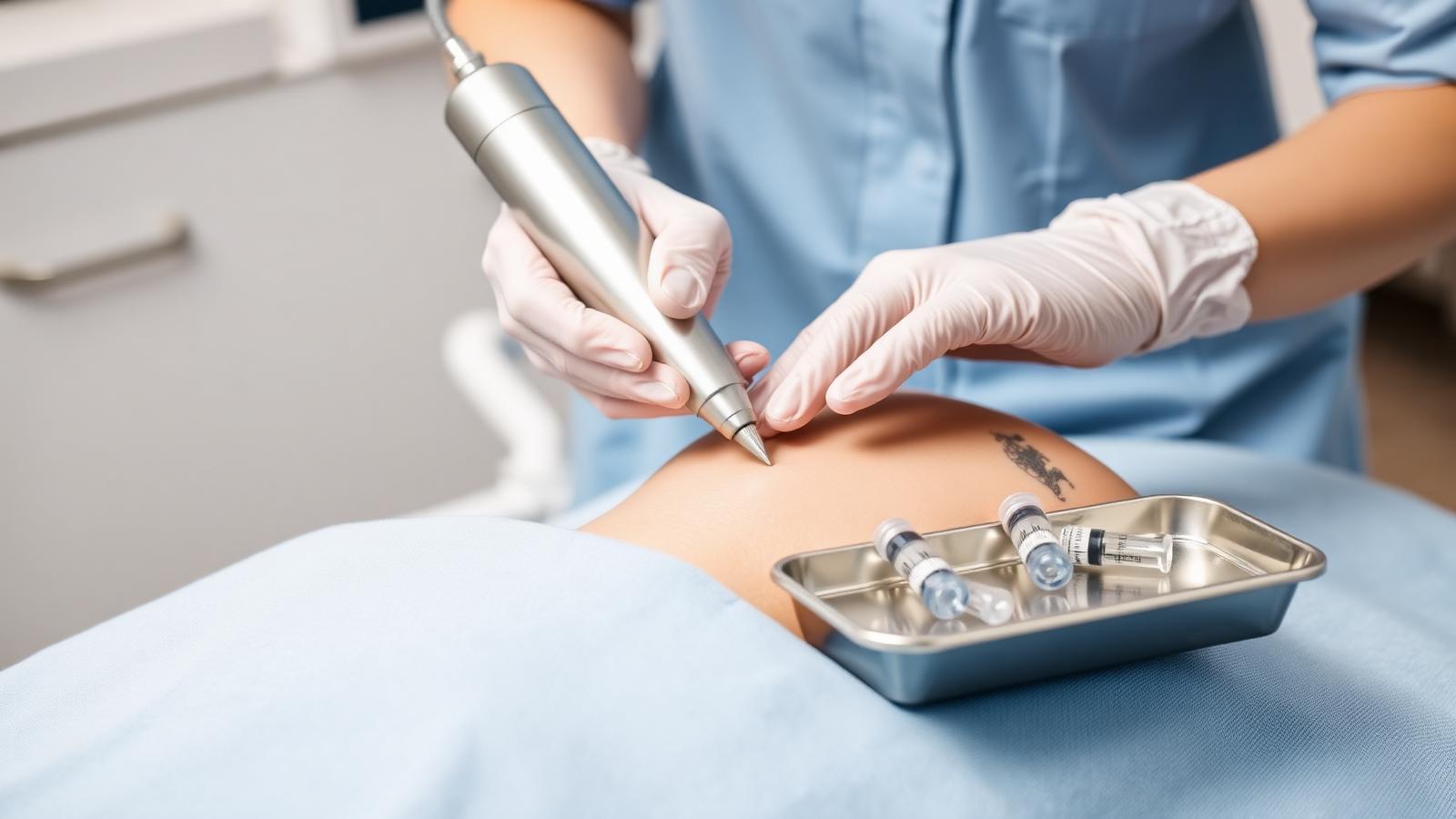 Stretch marks treatment in Dubai — gloved clinician performing Scarlet S RF microneedling on the abdomen with a sterile tray of PRP tubes at Silk Clinics, Dubai Healthcare City