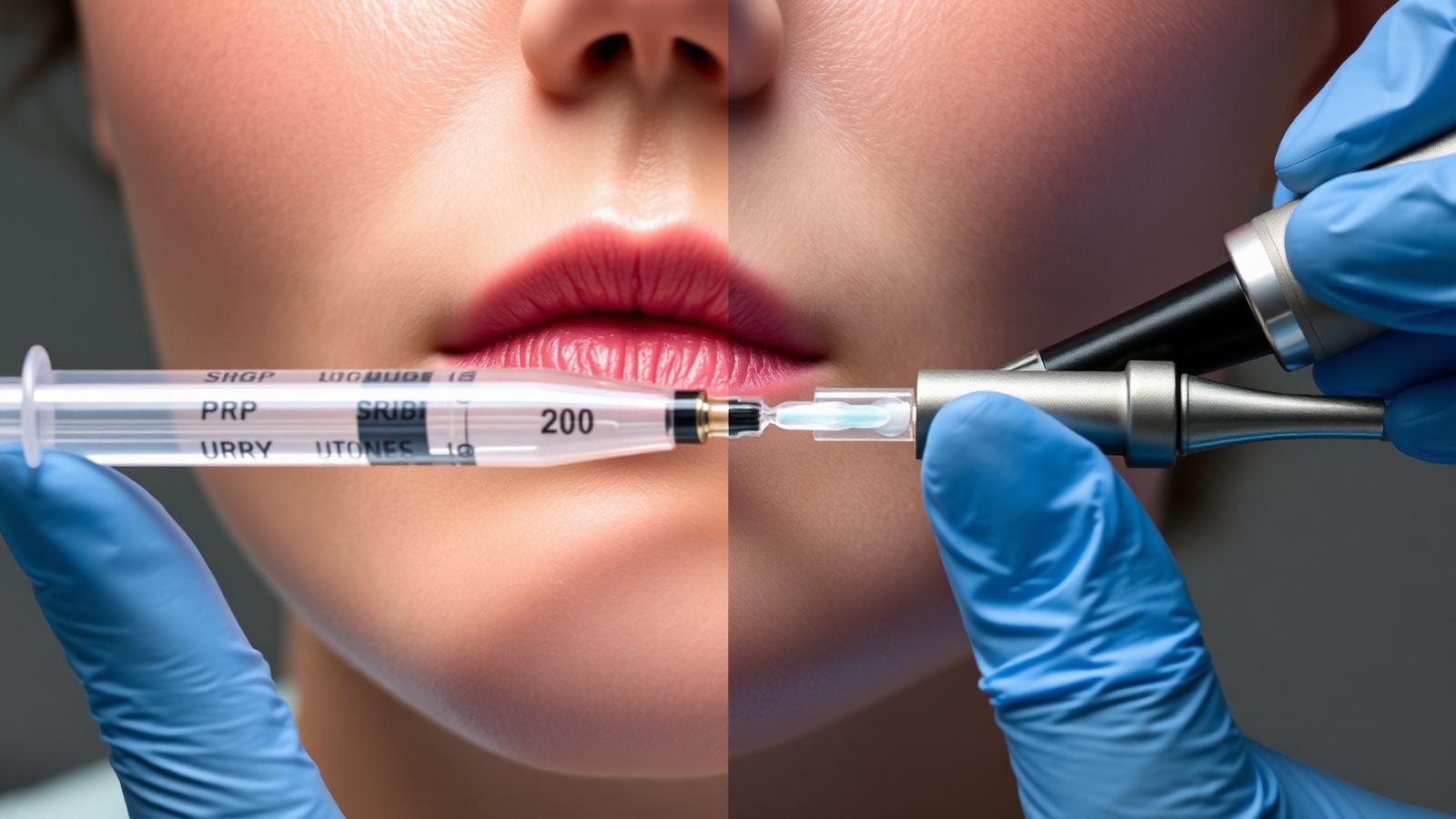Subcision with PRP vs CO2 laser for acne scars in Dubai — subcision cannula with PRP syringe and fractional CO2 laser handpiece at Silk Clinics, Dubai Healthcare City