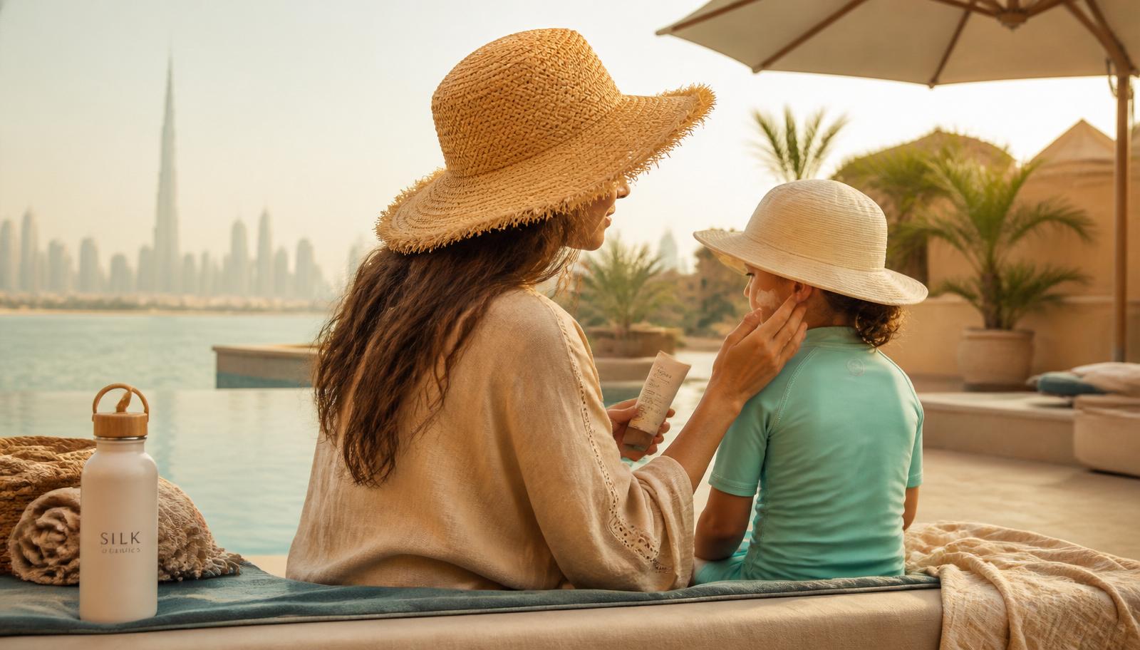 Family sun-safety scene by a Dubai pool at golden hour — mineral SPF, UV rash guard, wide-brim hats, shade and refillable water bottle — paediatric guidance from Silk Clinics