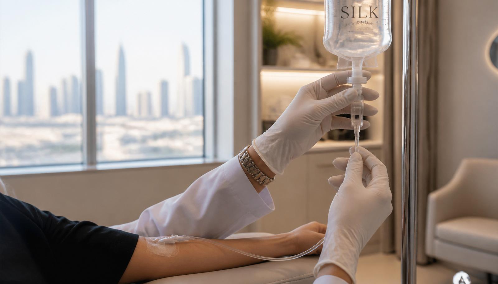 Doctor-led IV hydration drip session at Silk Clinics Dubai — sterile setup used before or after long-haul flights and heavy heat exposure