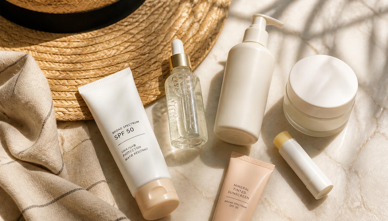 Dubai summer skincare essentials flatlay — broad-spectrum SPF 50, hyaluronic serum, gentle cleanser, barrier moisturiser and mineral tinted sunscreen curated by Silk Clinics