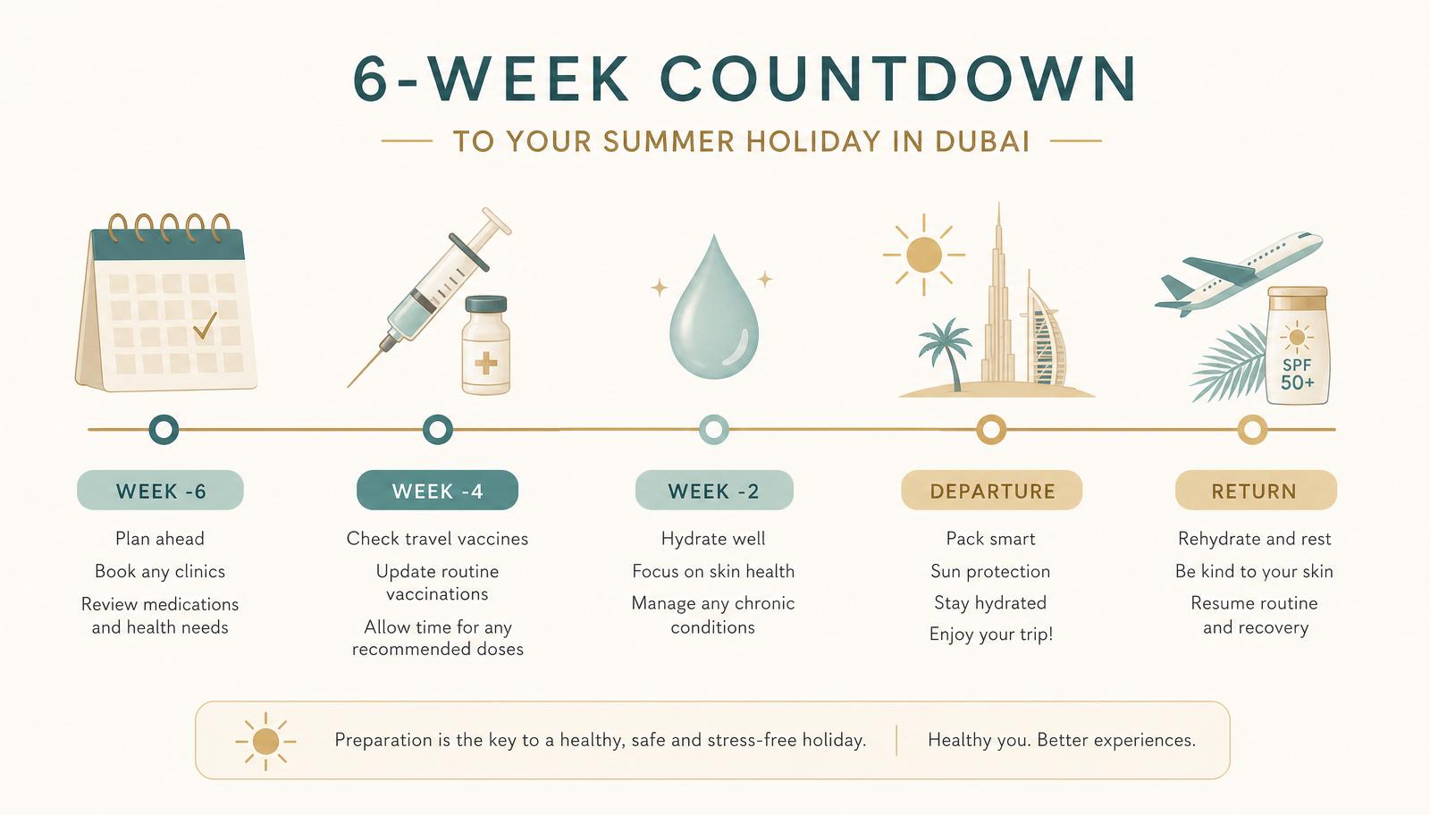 Six-week countdown infographic showing when to plan skin, hair, IV and travel treatments before a Dubai summer holiday — Silk Clinics timeline