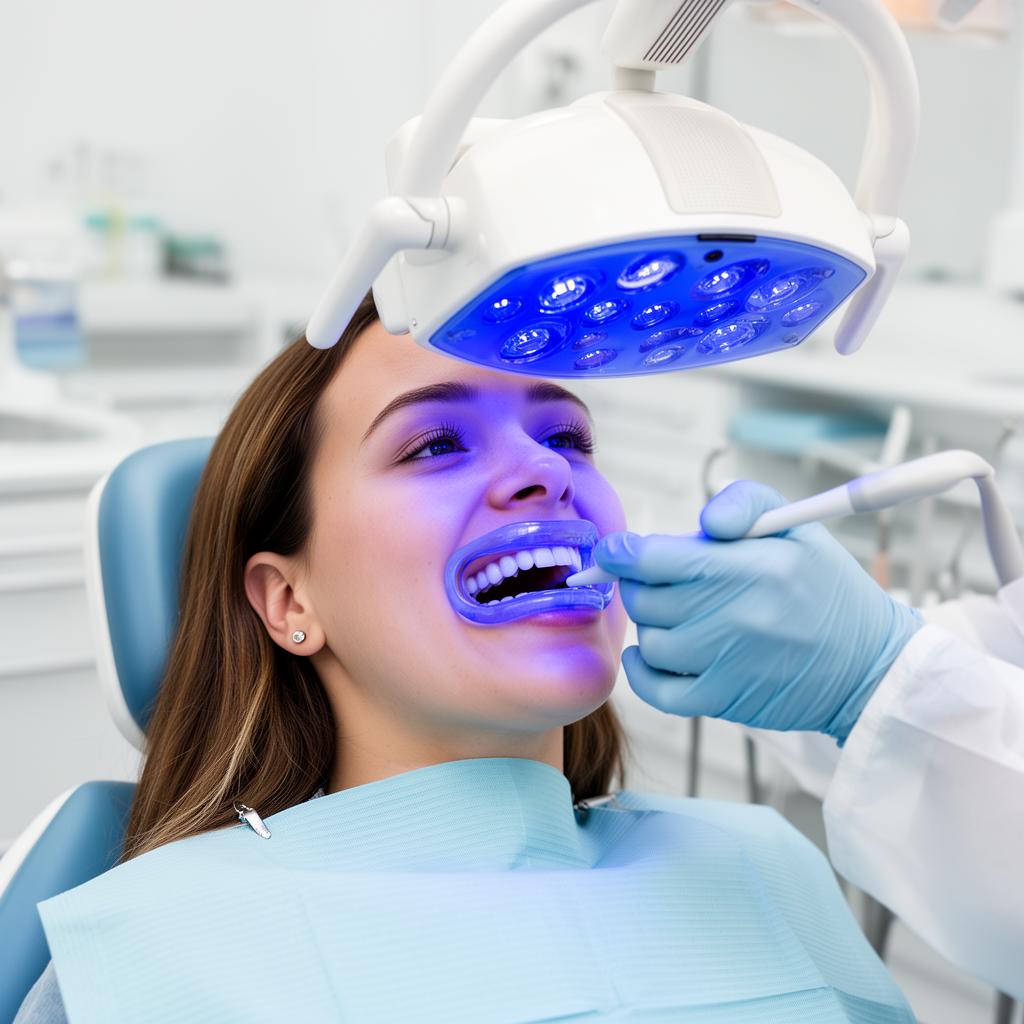 Patient receiving professional LED teeth whitening treatment with blue light and lip retractor at Silk Clinics in Dubai Healthcare City for a brighter, whiter smile