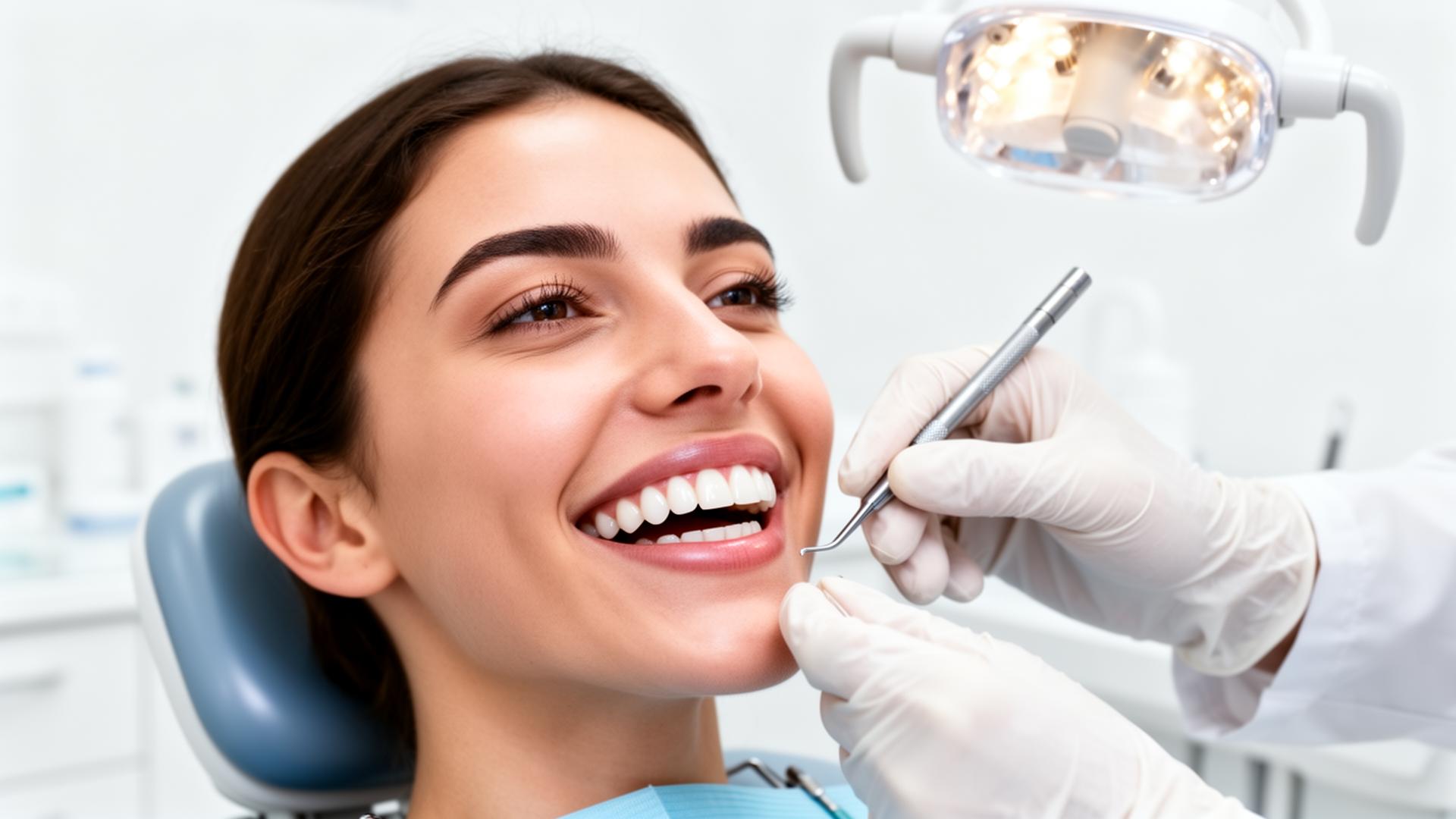 Porcelain veneer smile close-up being examined by a gloved prosthodontist in a modern sterile dental clinic at Silk Clinics Dubai Healthcare City — lifespan, care and maintenance guide