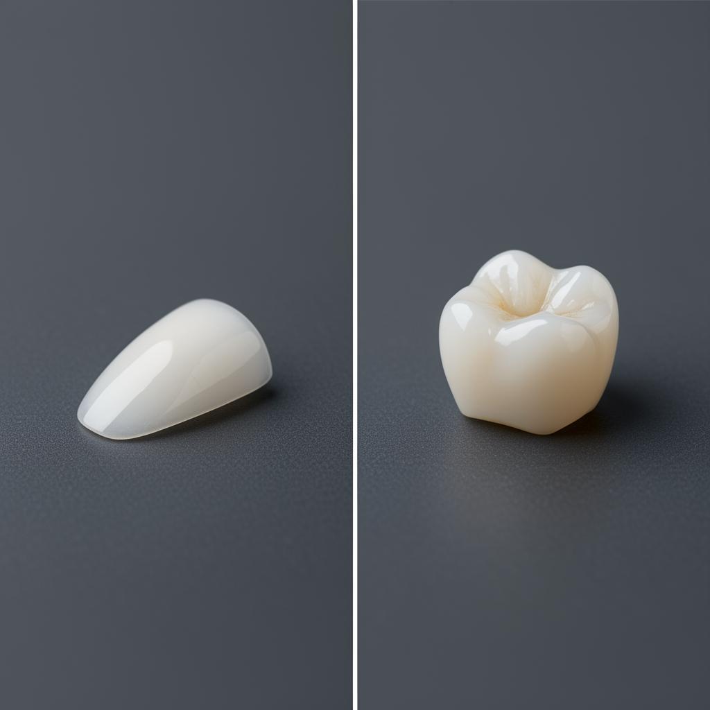 Porcelain dental veneer alongside a zirconia crown on a dentist's tray at Silk Clinics in Dubai Healthcare City — comparison of veneers vs crowns for smile design in Dubai