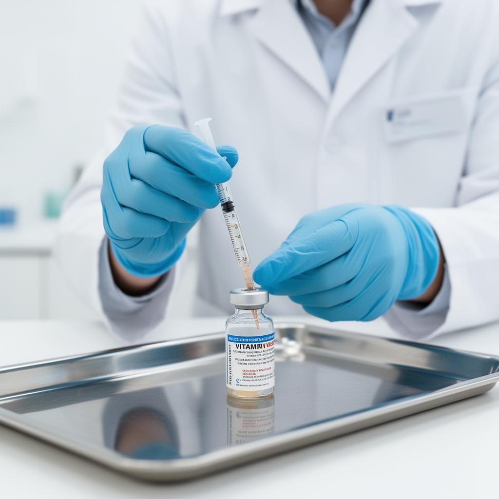 Doctor preparing a vitamin injection from a labeled vial on a sterile tray at Silk Clinics in Dubai Healthcare City for energy, immunity and B-complex vitamin therapy