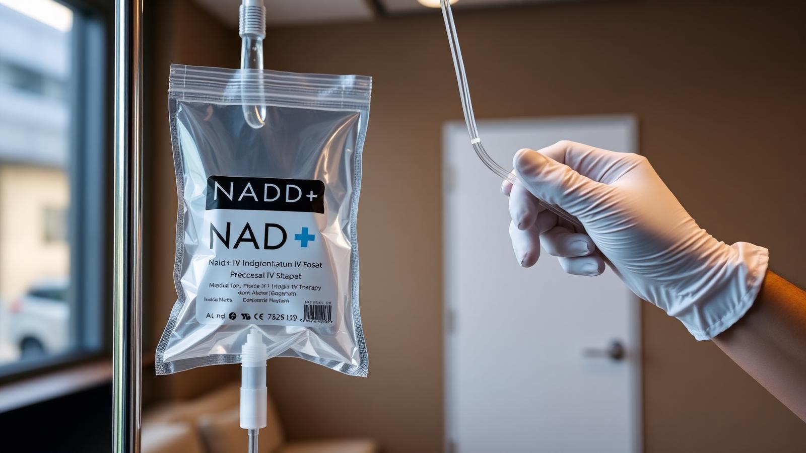 NAD+ IV therapy infusion at Silk Clinics, Dubai Healthcare City — gloved nurse hand with NAD+ drip bag for cellular energy and longevity wellness