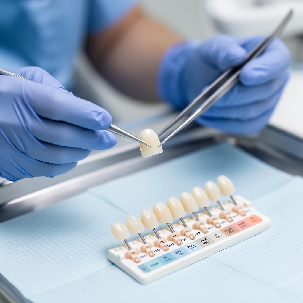 Cosmetic dentist preparing a zirconia dental crown with shade guide and digital scanner at Silk Clinics in Dubai Healthcare City for a natural-looking long-lasting tooth restoration